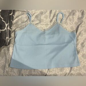 Baby Blue Ribbed Lace Trim Crop Top